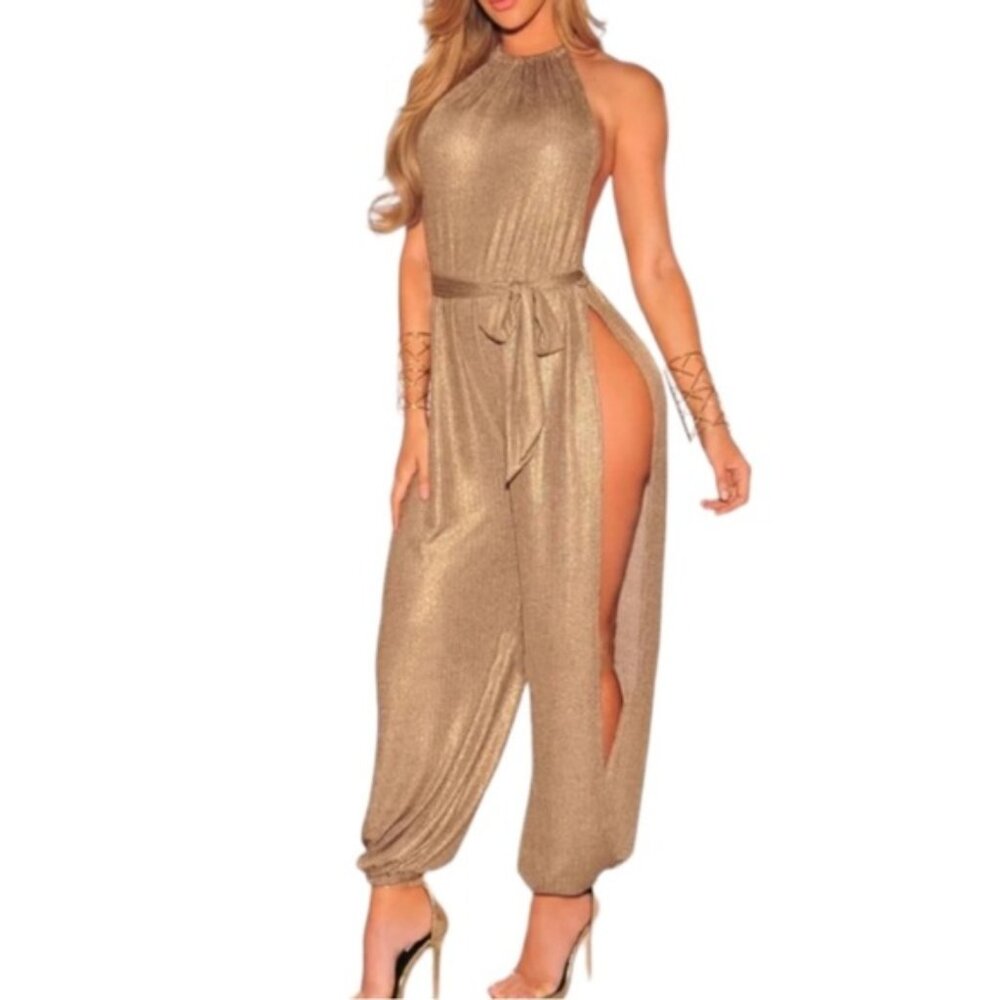 Hot Miami Styles Gold Halter Side-Slit Metallic Jumpsuit